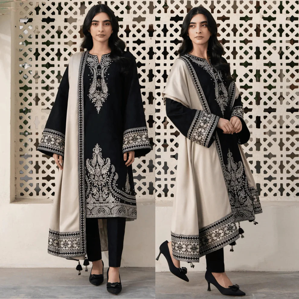 Unstitched 3PC DHANAK EMBROIDERED SHIRT WITH DHANAK EMBROIDERED SHAWL AND TROUSER