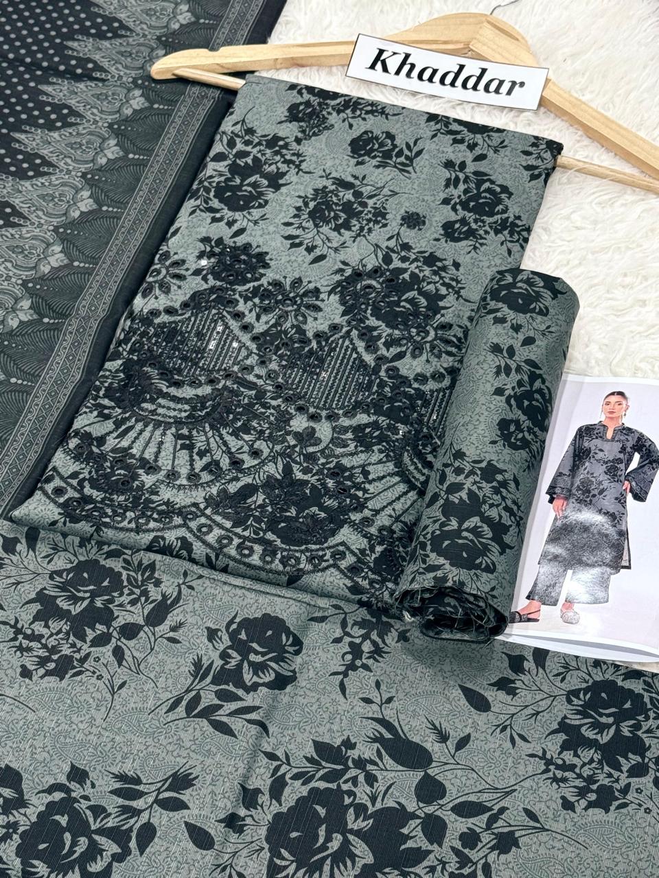 KHADDAR 3PCS GREYISH FULL EMBROIDERED