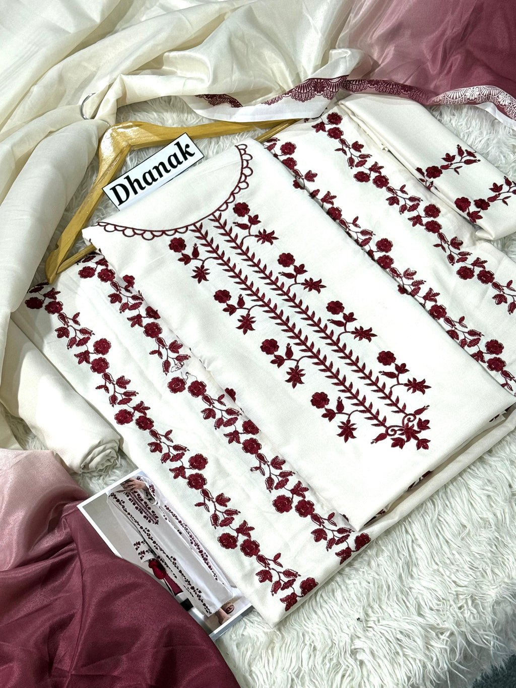 3PC WHITE WITH RED DHANAK EMBROIDERED SUIT