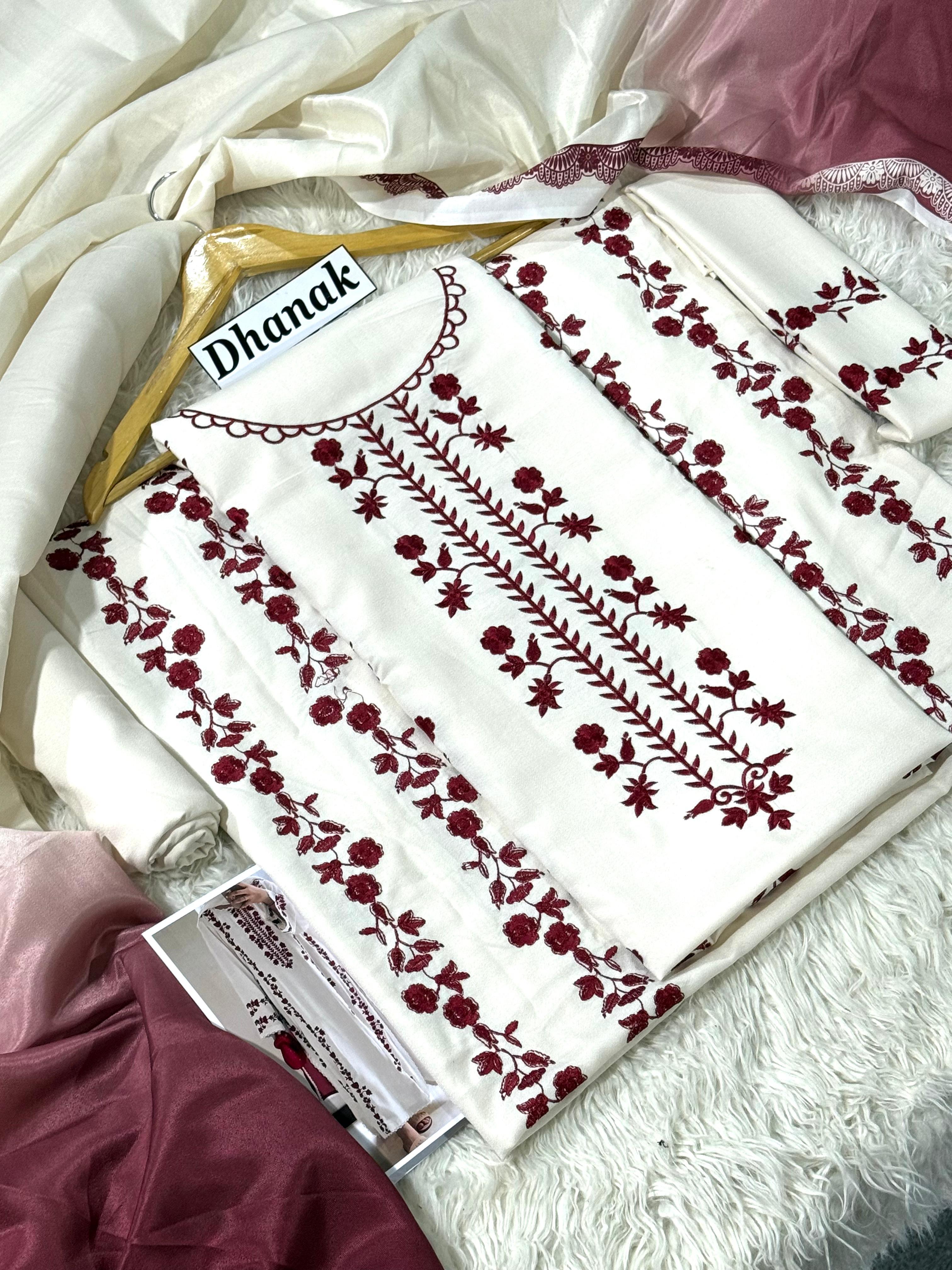 3PC WHITE WITH RED DHANAK EMBROIDERED SUIT