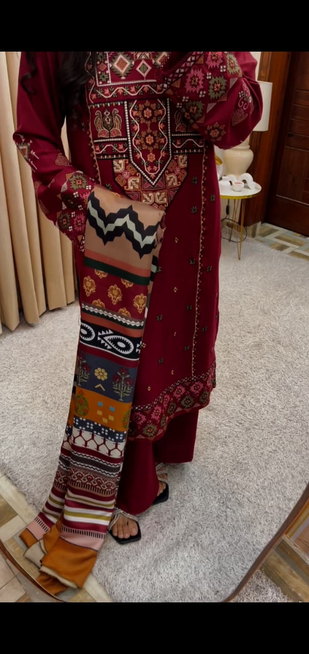 Reddish Luxury Embroidered 3Pcs Dhanak Suit