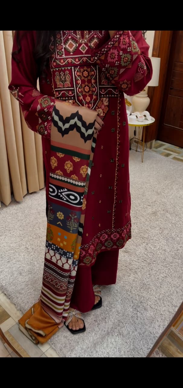 Reddish Luxury Embroidered 3Pcs Dhanak Suit