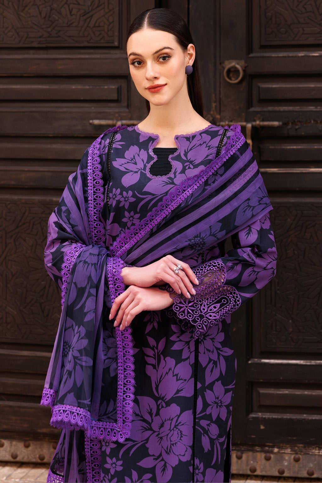 FARASHA| Unstitched Purple premium Lawn 3pcs With LAWN Dupatta Eid Collection & Patches