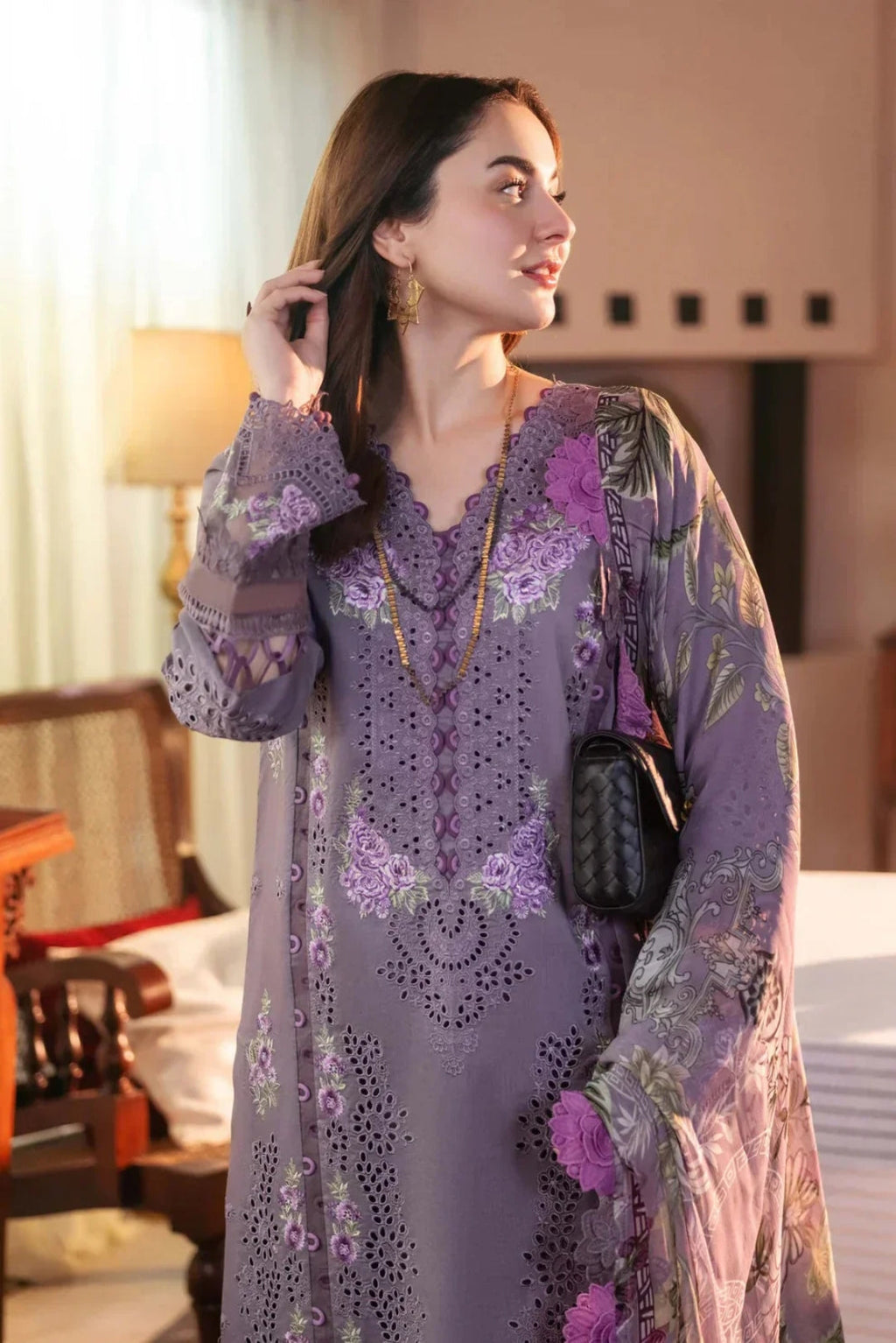 Hania Amir | Unstitched Premium Lawn Embroidered Chikankari 3pcs Suit With Printed Dupatta Eid Collection & Patches