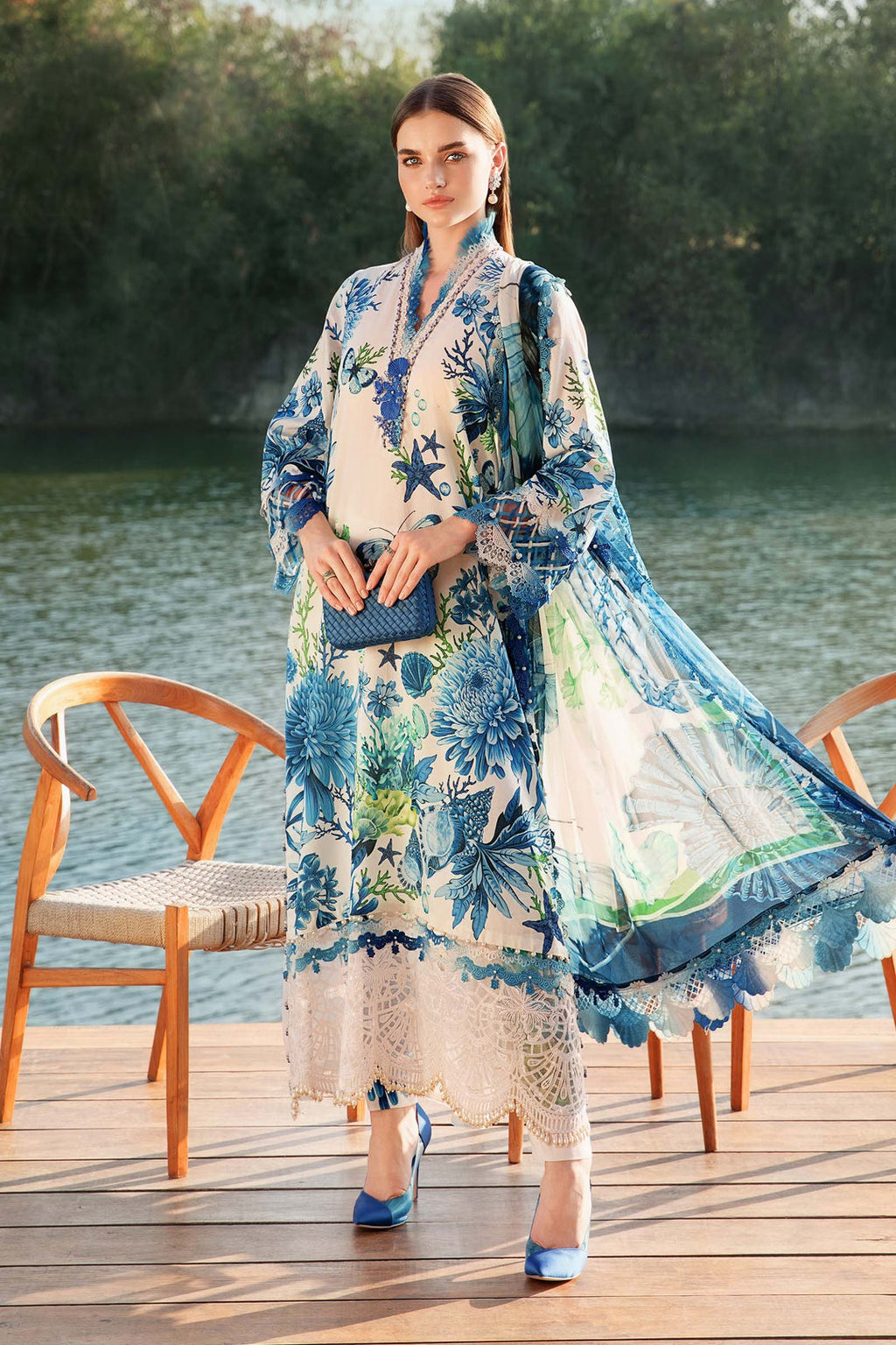 Maria B | Unstitched blueish Lawn Digital Print 3pcs With Chiffon Dupatta Collection & Patches