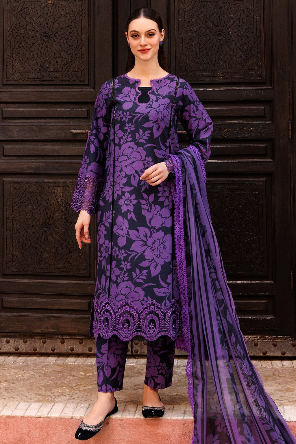 FARASHA| Unstitched Purple premium Lawn 3pcs With LAWN Dupatta Eid Collection & Patches